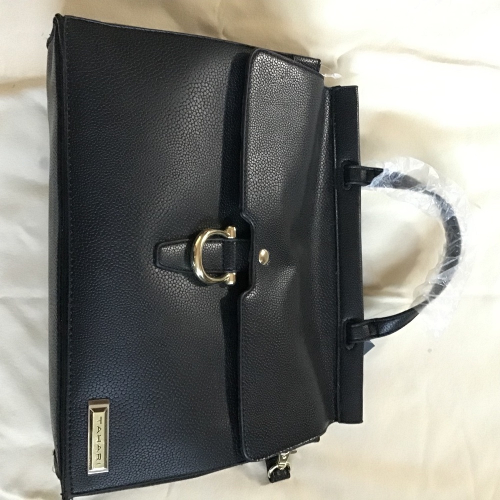 TAHARI Black Faux Leather Summer Flap Satchel Crossbody Bag